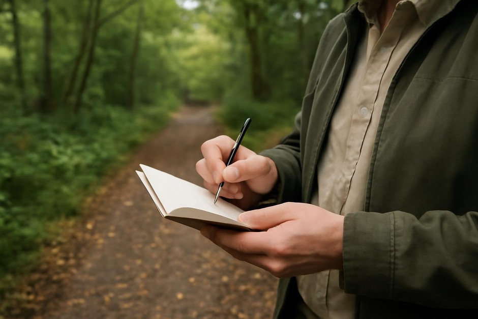 Person holding a small notebook on a woodland path