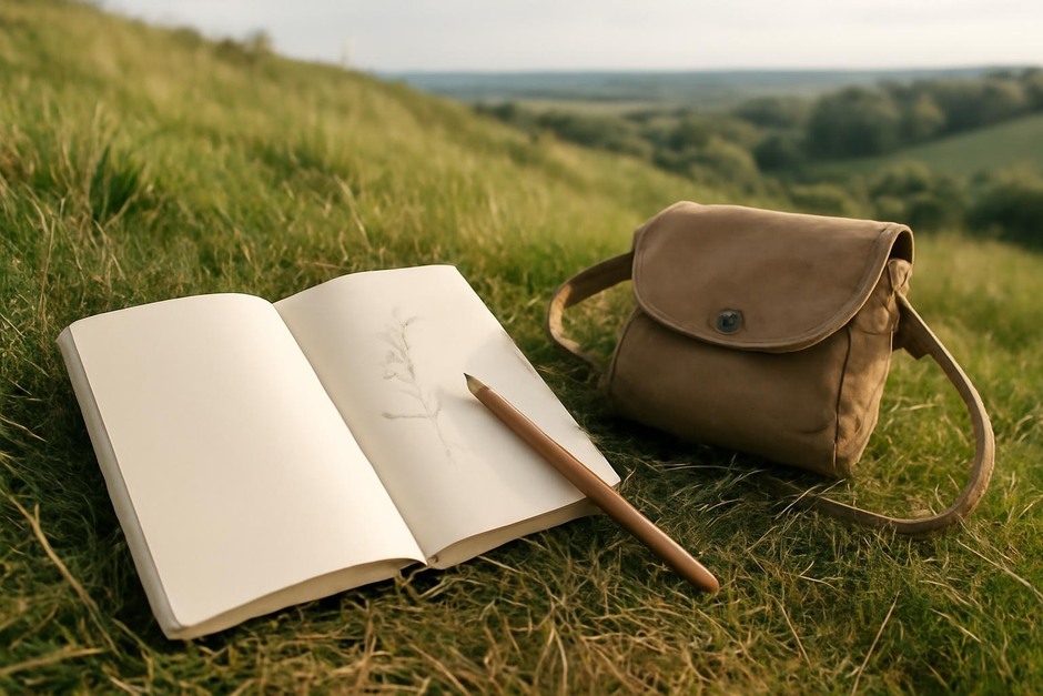 Open sketchbook, pencil, and a small bag on a grassy hill during a walk